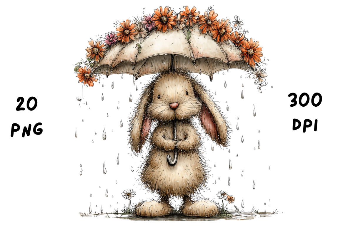 Whimsical Rainy Bunny Clipart, an Animal Illustration by GiraffeCreative (Photo 15 of 19)