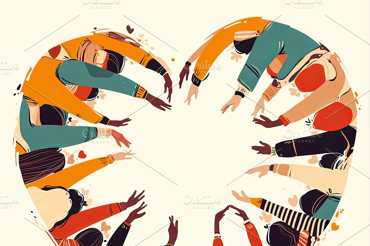 Diverse hands forming a heart shape symbolizing unity and love, an Illustration by AS photostudio