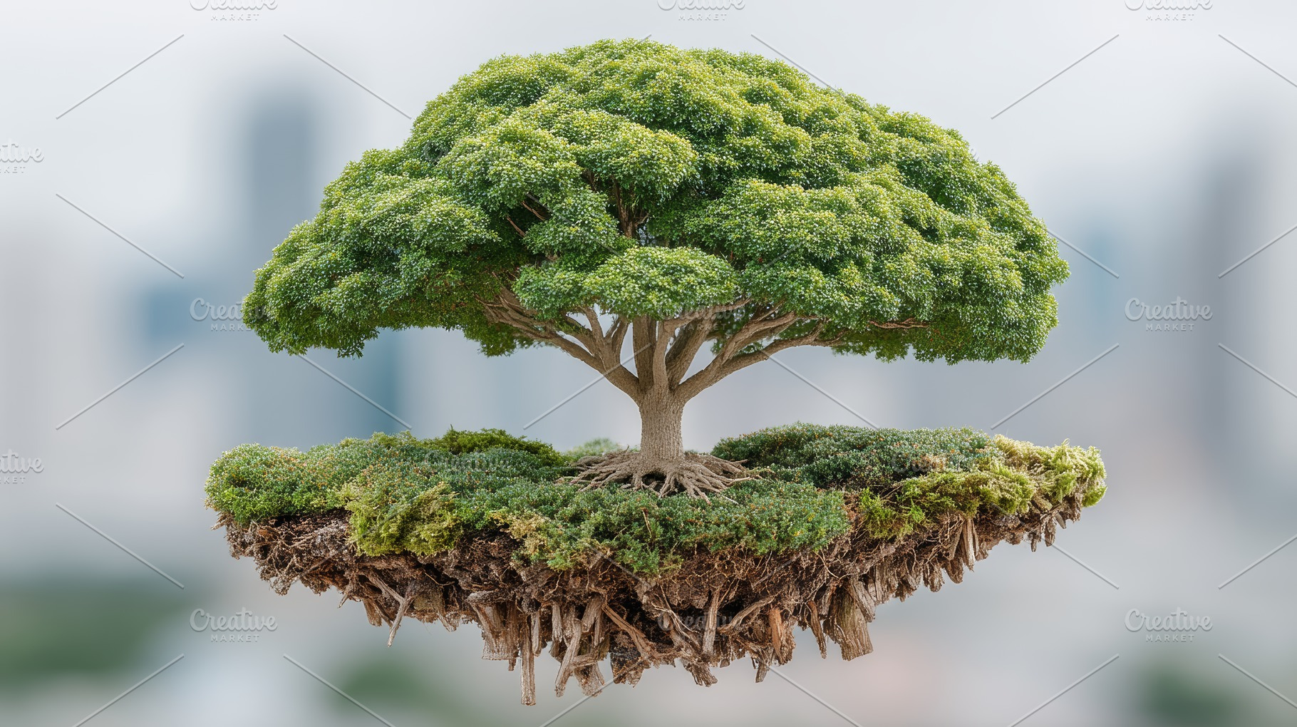 Eco business concept featuring a floating island with a lush tree symbolizing g, a Photo by AS photostudio