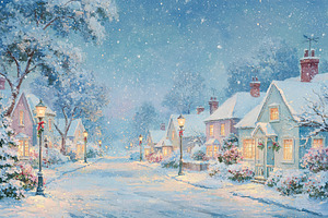 Winter wonderland village painting with cozy houses and falling, an Illustration by Studio ANNA