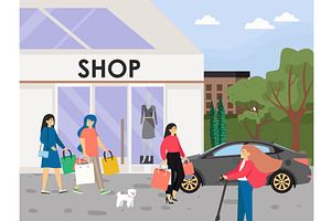 Happy Women Shopping, Flat Vector