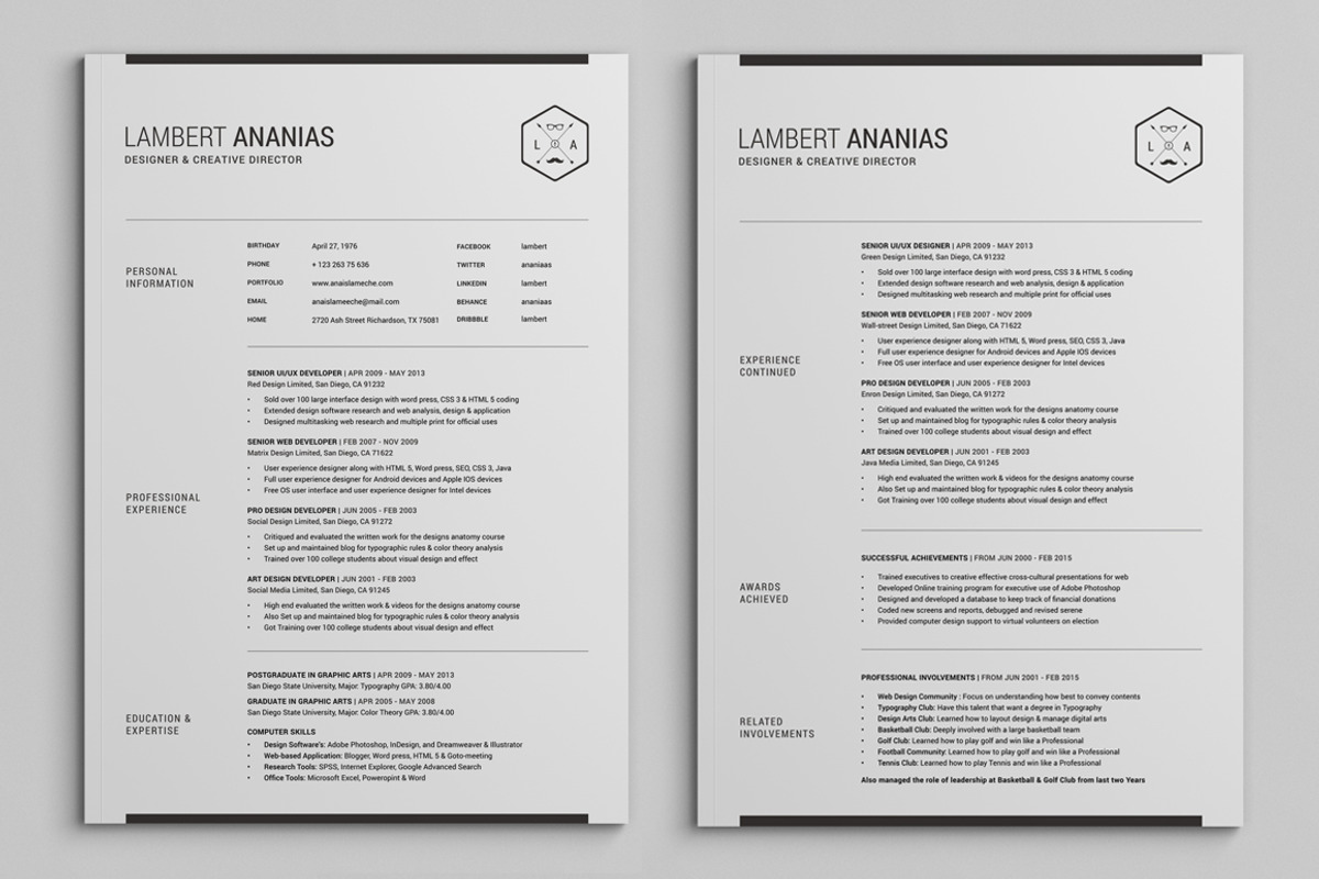 2 Pages Resume CV Pack - Lambert, a Resume Template by SNIPESCIENTIST (Photo 2 of 5)