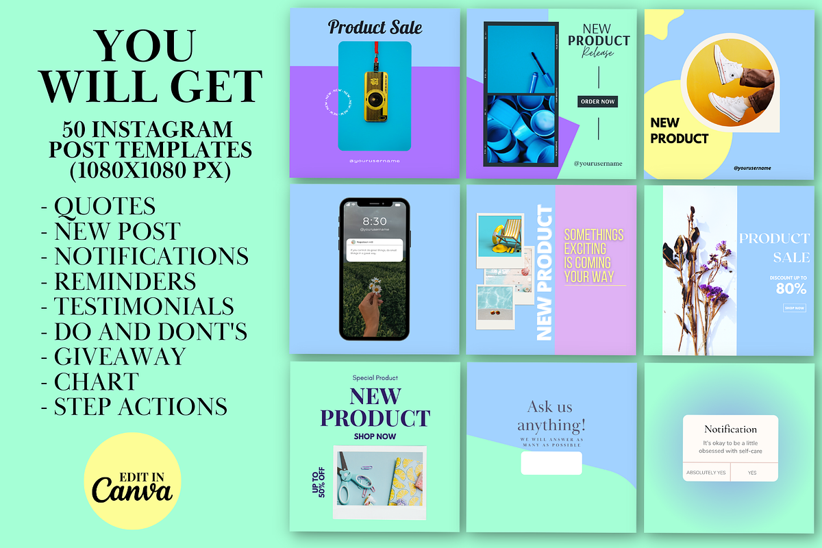 50 Instagram Post Templates Pastel, a Social Media Template by Daily Creative (Photo 5 of 5)