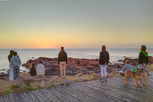 Group meditating and watching ocean at sunset, a Person Photo by DanFLCreativo