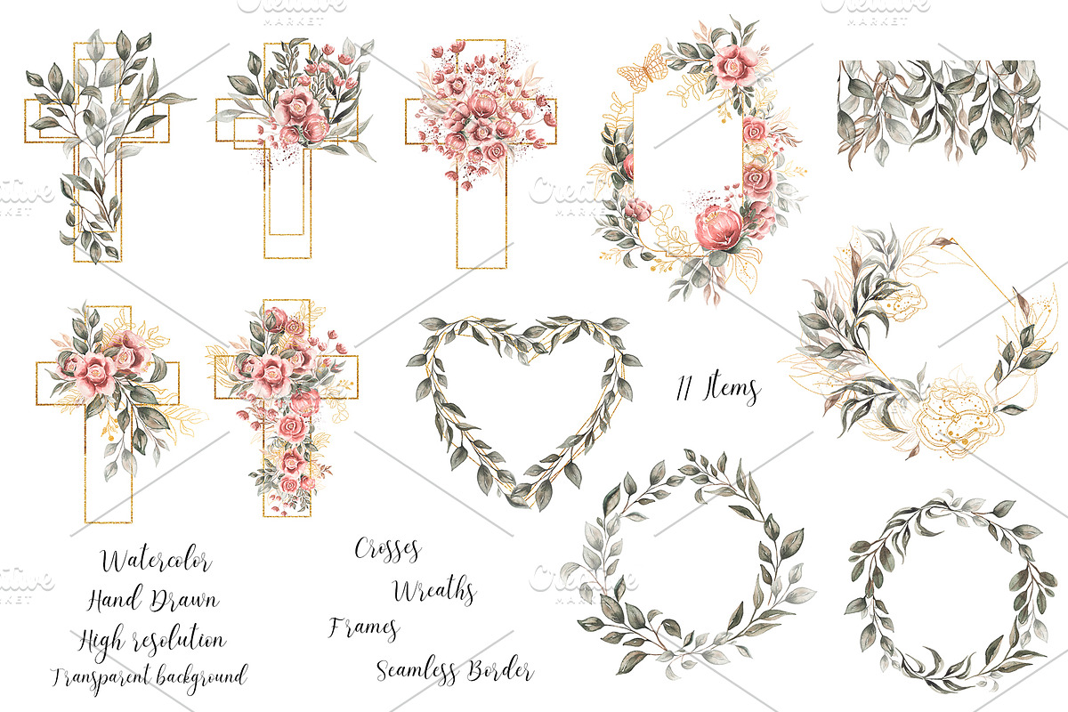 Watercolor Floral Cross, Wreath Set, a Decorative Illustration by MayaNavits (Photo 2 of 7)