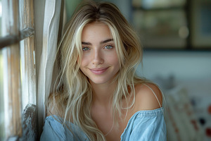 A young Caucasian woman with long blond hair smiles softly, leaning by a window, a Person Photo by ImageMir