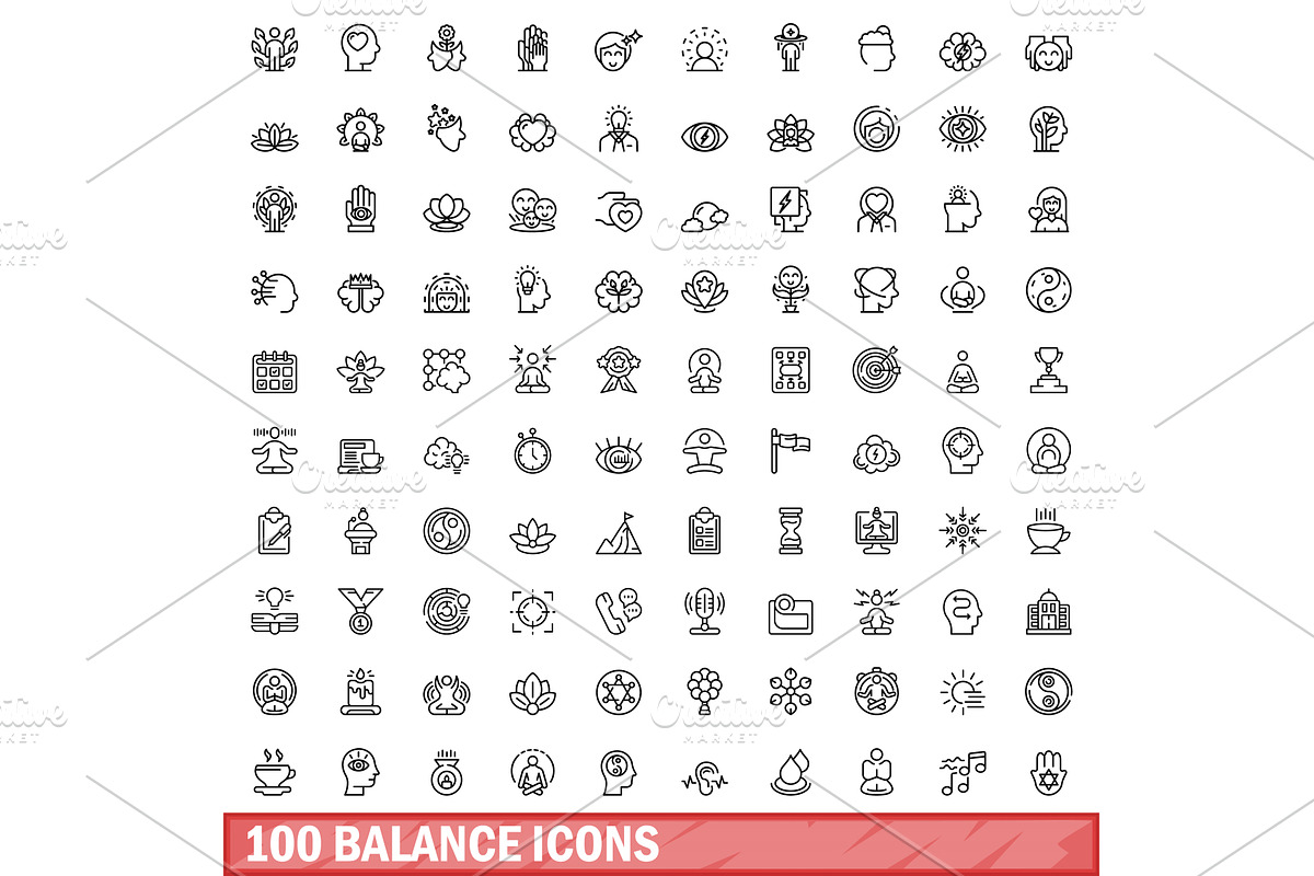 100 balance icons set, outline style, an Object Illustration by Ylivdesign