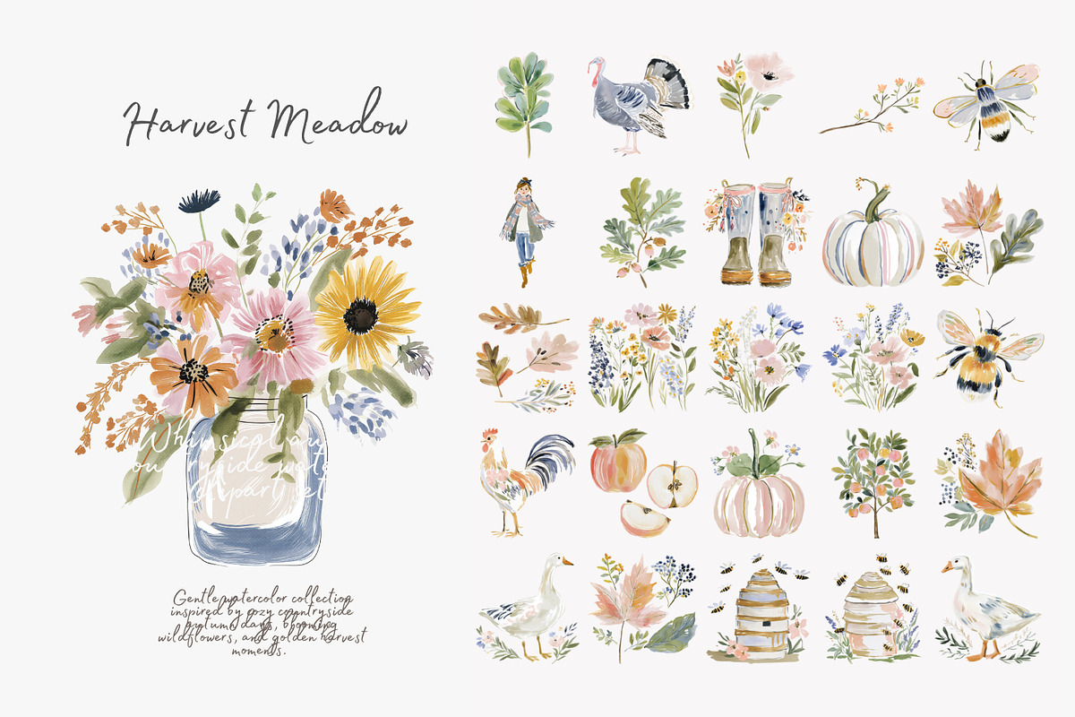 harvest meadow watercolor clipart, a Decorative Illustration by Patishop Art (Photo 8 of 10)