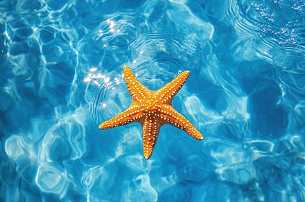 Bright orange starfish floats gracefully in clear blue water on a sunny day, an Animal Photo by AlyaAnd