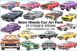 Retro Muscle Car Art Pack, an Illustration by Craft Nest