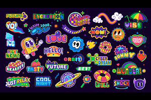 Trippy groovy y2k stickers, labels