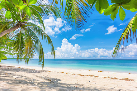 A tropical beach with palm trees, a Nature Photo by Virgo Studio