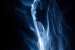 Ethereal figure emerges from dark background with flowing blue energy at night, an Arts & Entertainment Photo by AlyaAnd
