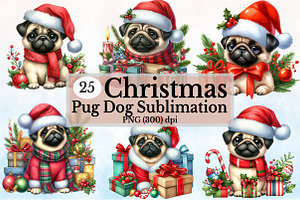 Christmas Pug Dog Clipart Bundle, a Seasonal Illustration by Rose Art
