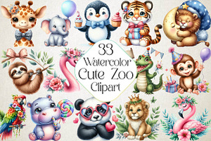 Watercolor Cute Zoo Clipart, an Illustration by DreamPrint404