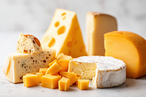 Assorted cheese assortment on neutral background, a Food & Drink Photo by AlyaAnd