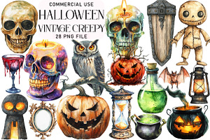 Vintage Creepy Halloween Clipart, an Illustration by Daily.Designs