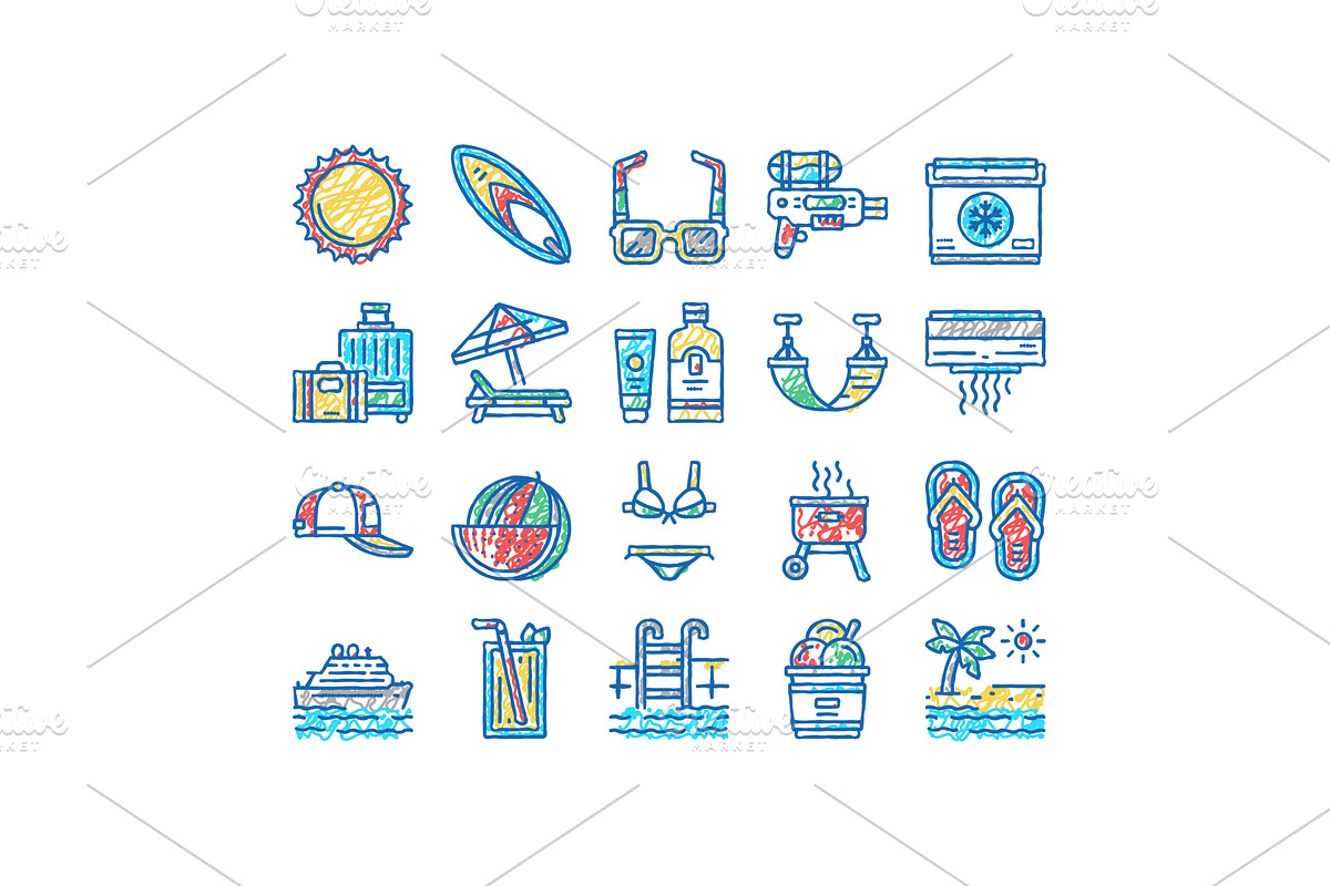 Summer Vacation Travel set Icons, an Object Illustration by pikepicture