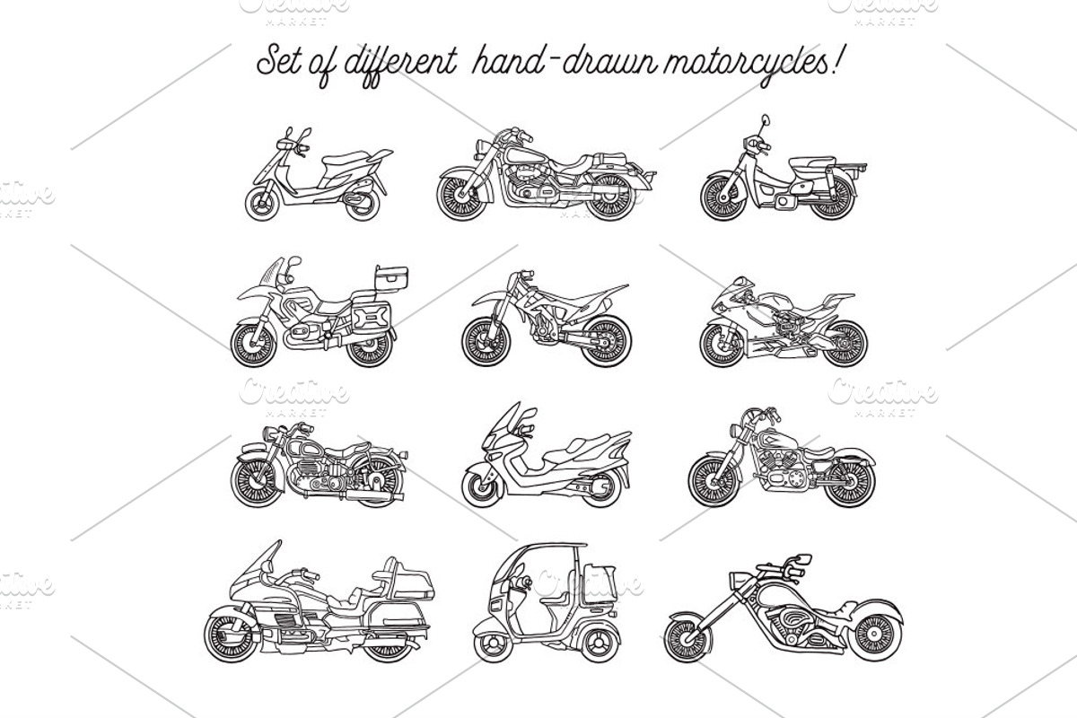 Set of hand-drawn motorcycles, an Object Illustration by WINS Doodle shop (Photo 2 of 4)