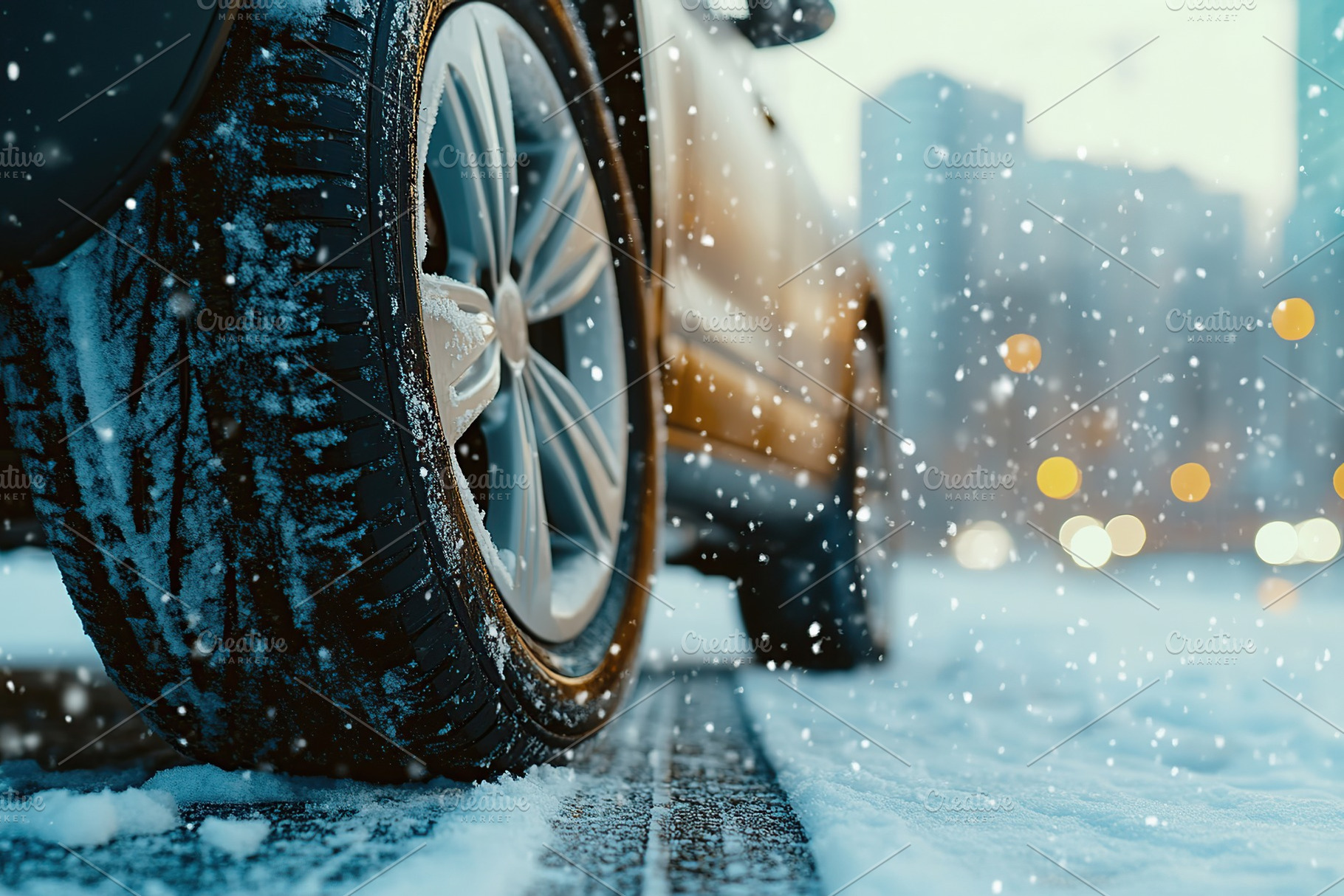 Car wheel with winter tire on snowy road, a Transportation Photo by AlyaAnd