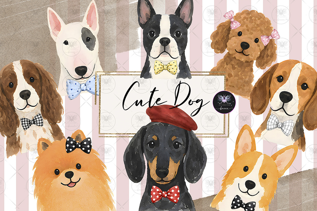 Dog Clipart Watercolor Bow, an Animal Illustration by BigCakeBee (Photo 1 of 4)