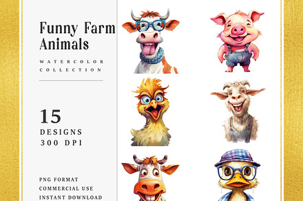 Watercolor Funny Farm Animal Clipart, an Animal Illustration by Design Scotch