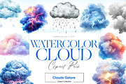 Watercolor Clouds Clipart, Cloud PNG, a Decorative Illustration by BrushstrokeArtGB (Thumbnail 1 of 9)