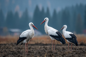 Three white storks in a field nature, a Photo by Pixeness Studio