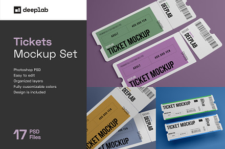 Tickets Mockup Set - 17 styles, a Print Template by Deeplab