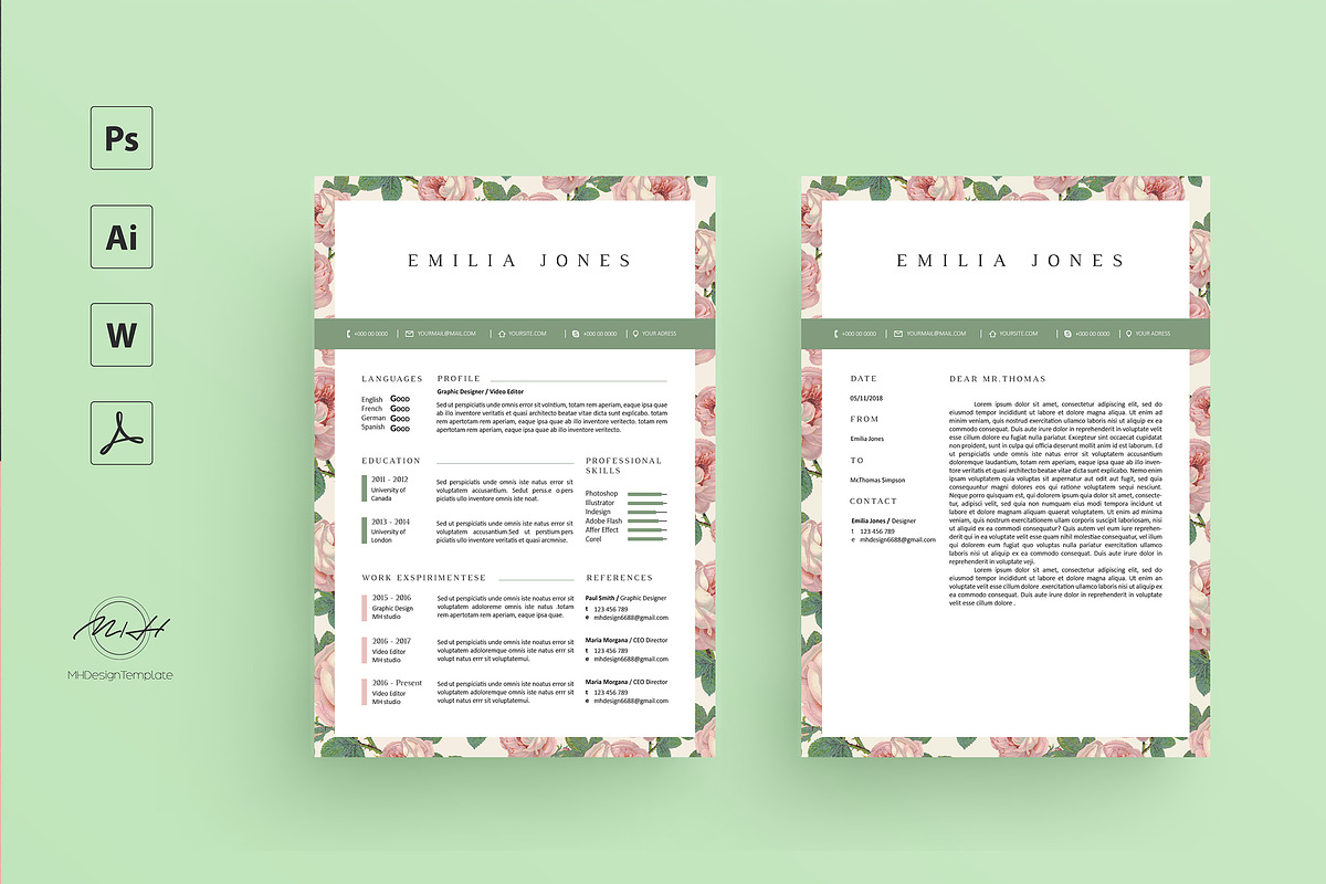 Floral Resume Template / CV template, a Resume Template by MH Design ...