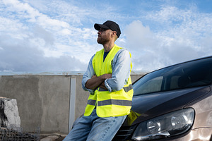 Young man wearing reflective vest beside broken-down car on roadside, a Person Photo by etorres69