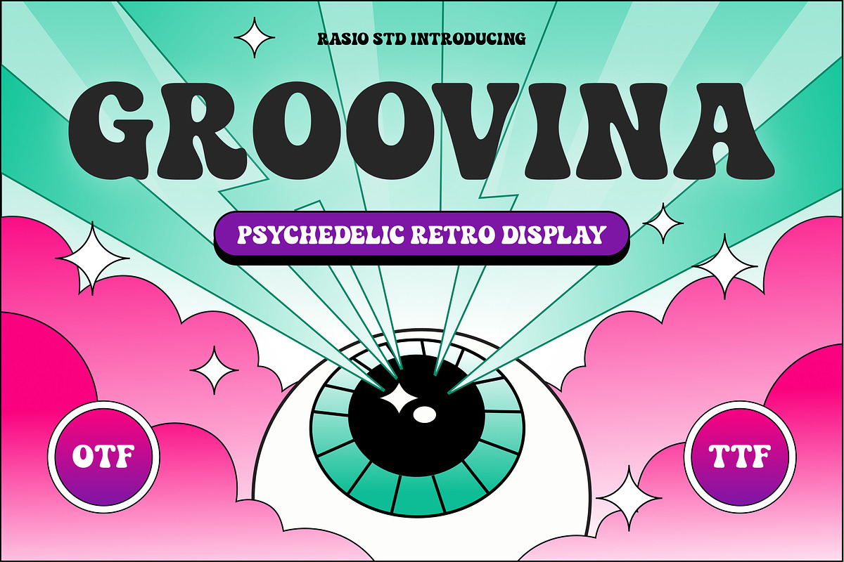 Groovina Psychedelic Retro Font, a Sans Serif Font by Rasio Studio (Photo 1 of 7)