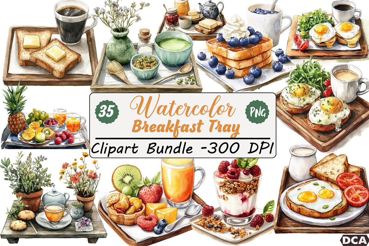 Watercolor Breakfast Tray Clipart, an Illustration by DreamCafeArt (Photo 1 of 7)