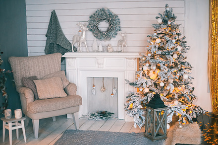 Christmas living room stock photo containing background and boxes