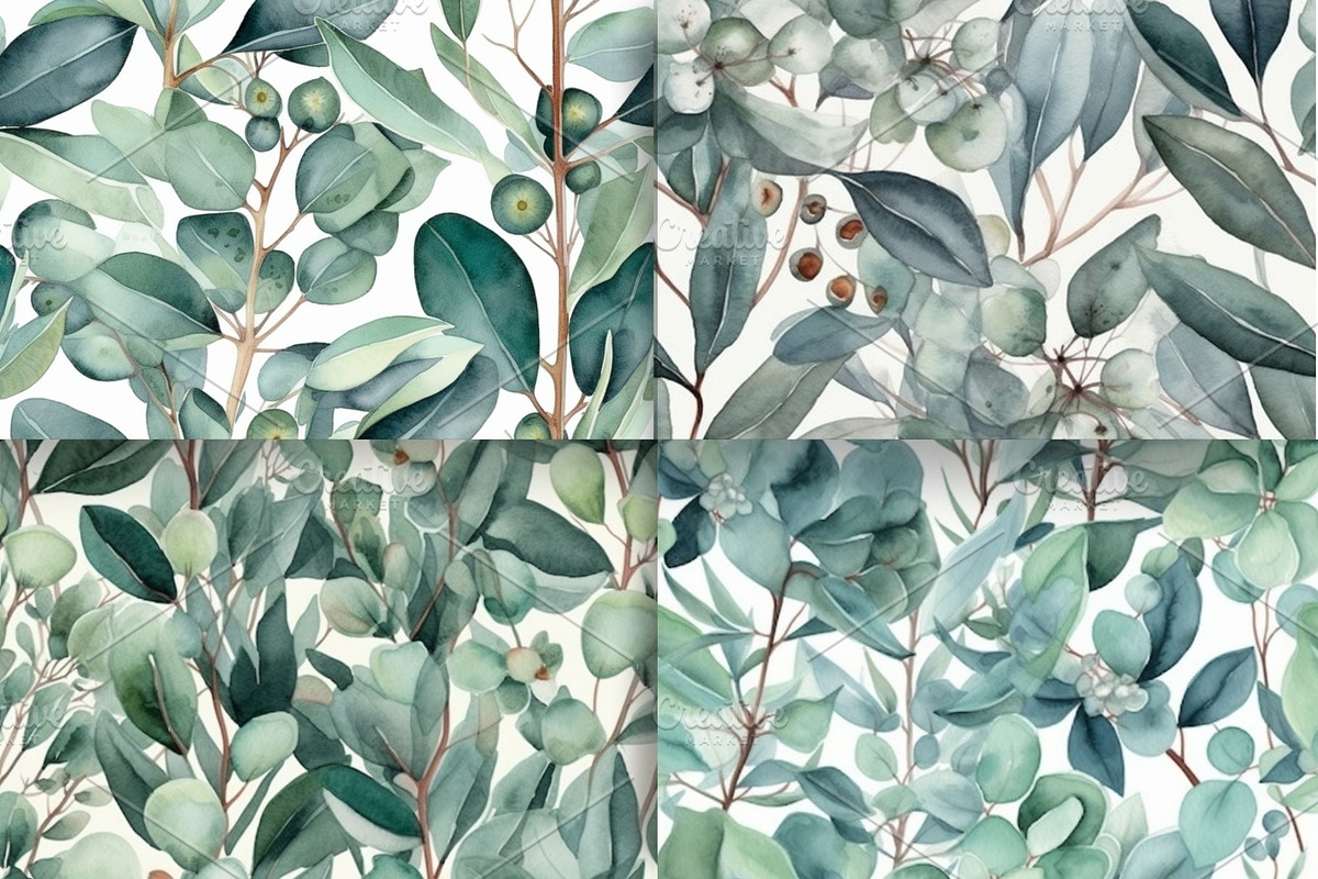 8 Eucalyptus Seamless Pattern PNG Se, an Illustration by Jalina Clipart Studio (Photo 2 of 6)