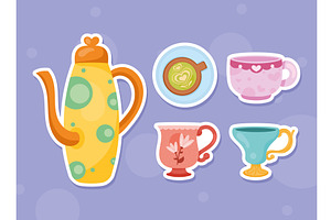 five teapot and cups icons, an Object Illustration by studiogstock