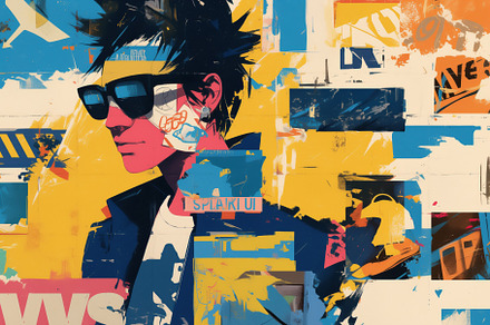A stylized illustration of a young man with spiky hair wearing sunglasses, set, a Wallpaper Graphic by Textures & Backgrounds