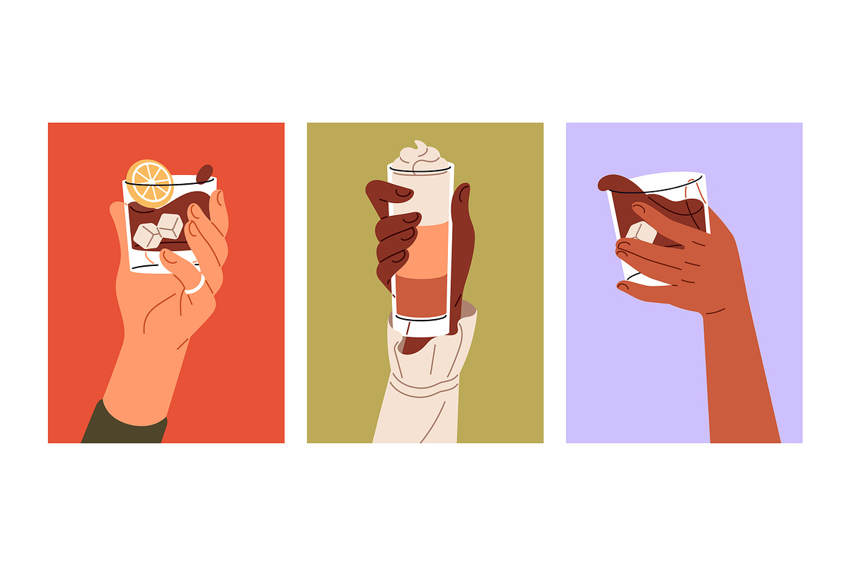 Hands holding alcohol drinks set, a Food Illustration by PaperTrident (Photo 9 of 11)