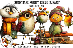Christmas Funny Birds Clipart, an Illustration by OK Design