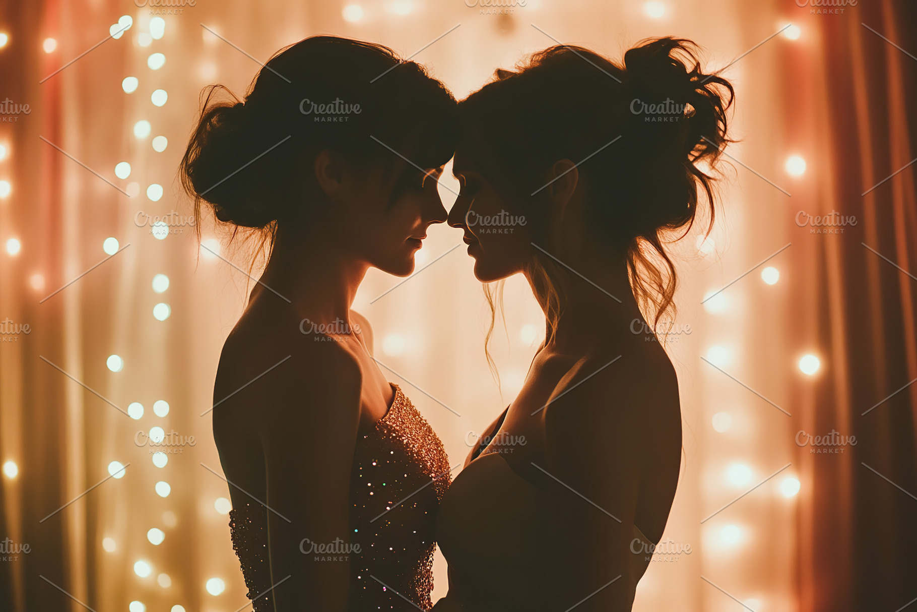Two women share a tender moment illuminated by soft lights during a festive eve, a Photo by AlyaAnd