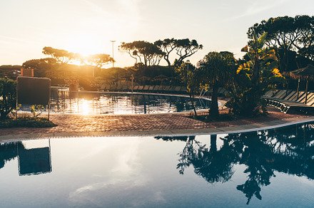 Sunrise by tropical resort pool, a Sports & Recreation Photo by SkyNext