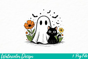 Cute Halloween Ghost and Cat Png, an Illustration by Watercolor design (Thumbnail 1 of 3)