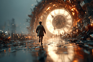 Man walks toward a glowing clock gateway in a ruined city during a dramatic tim, a Photo by AS photostudio