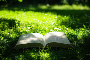 Open book resting on sunlit grassy g, a Photo by Iftikhar Alam