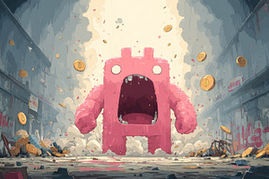Pink cartoon monster rampaging through a ruined city scattering Bitcoin coins a, a Photo by AS photostudio