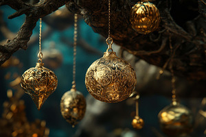 Golden ornate ornaments hanging from, a Photo by Tanuart