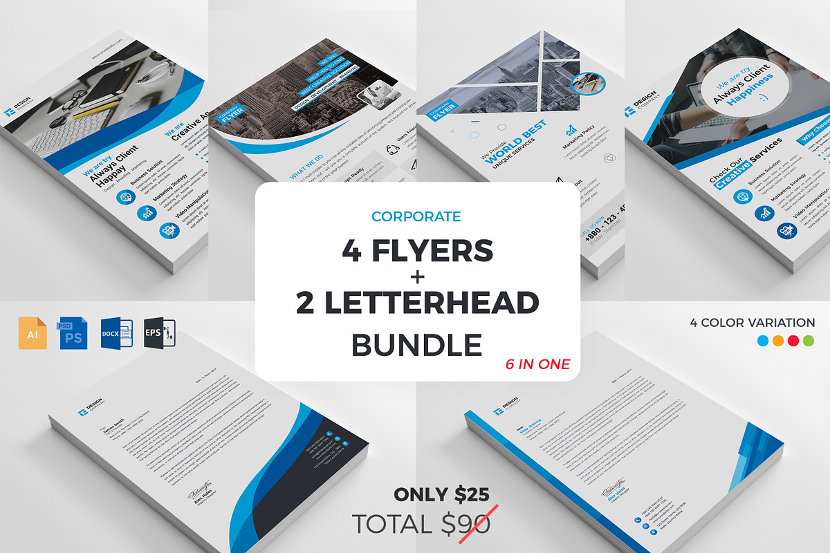 4 Flyers + 2 Letterhead Bundle, a Stationery Template by Thecodude (Photo 1 of 10)