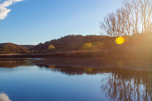 blue sky & mirrored lake landscape