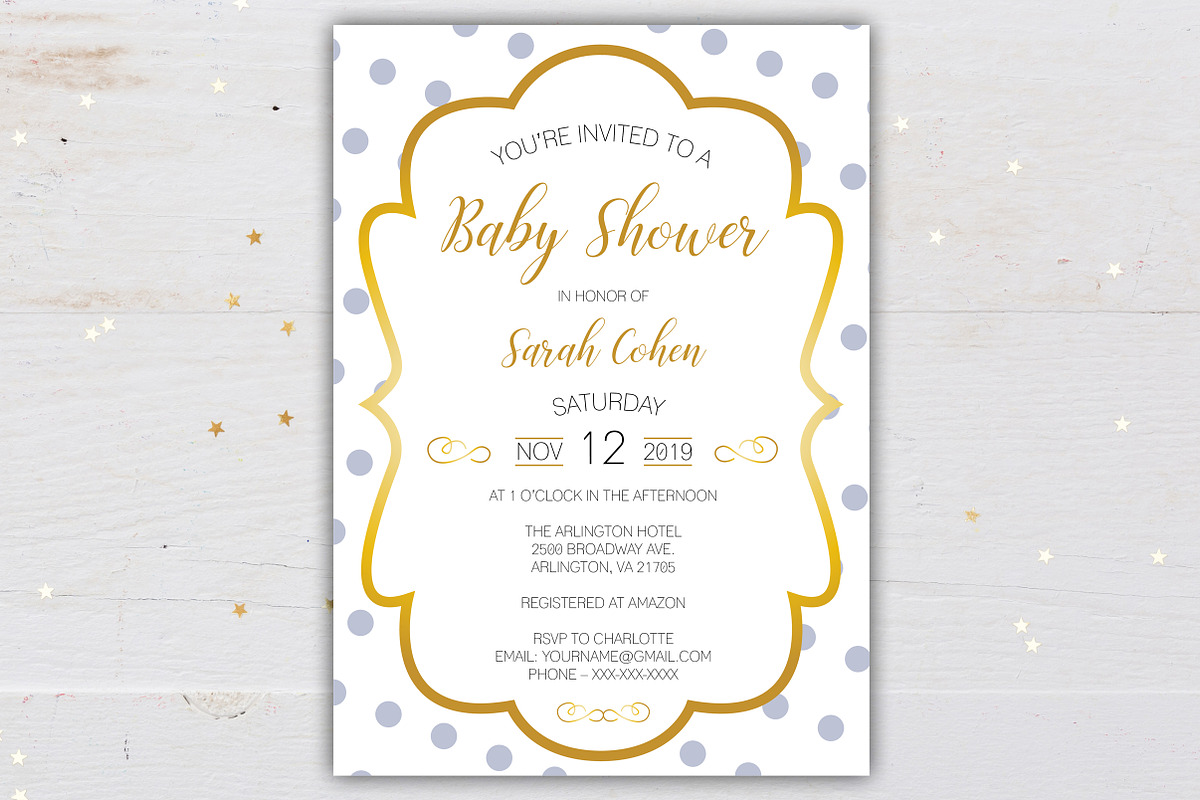 Gold Framed Baby Shower Invitation, a Stationery Template by BF Studios (Photo 4 of 4)