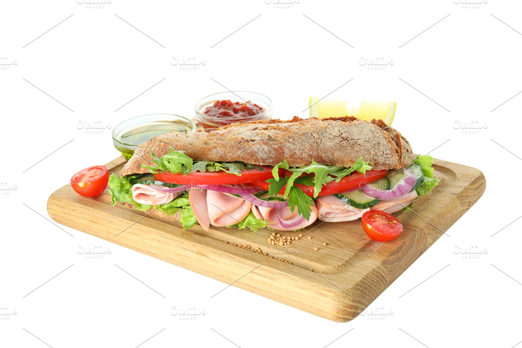 Board with ciabatta sandwich and ingredients isolated on white b, a Food & Drink Photo by AtlasStudio PRO